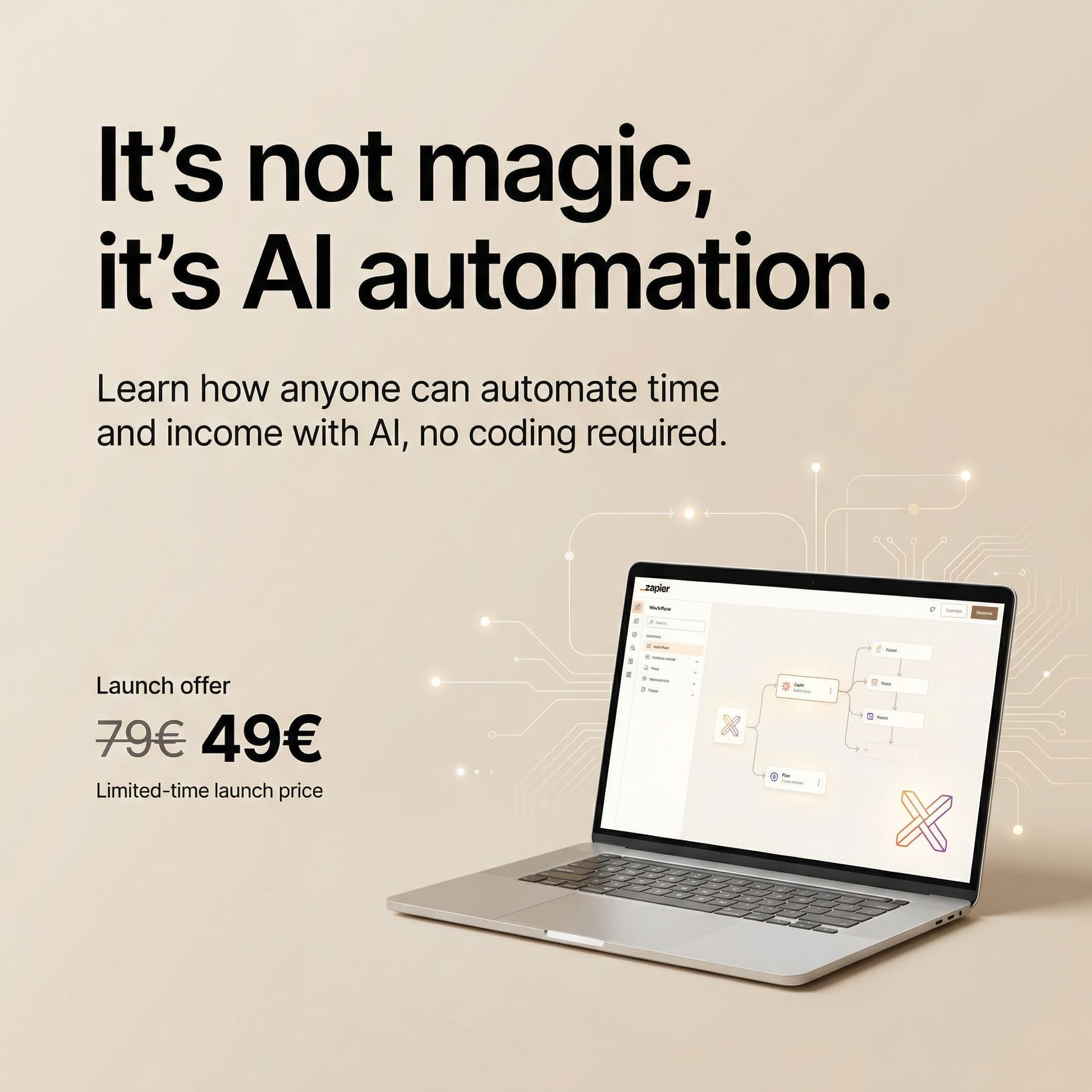AI generated: Minimalist advertising poster with a clean, premium lifestyle-tech aesthetic. Soft warm beige backgr...