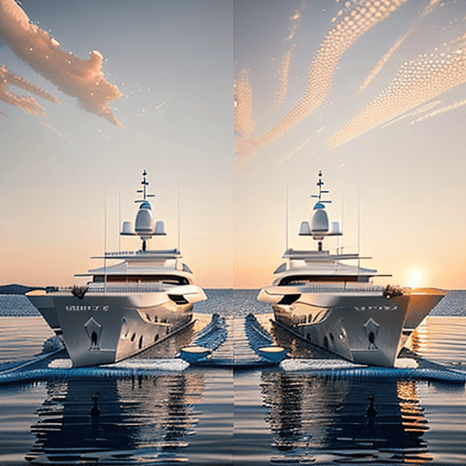 AI generated: 2 two white supersized yachts in St. Tropez sunrise, One yacht has painted title: WORK HARD, another...