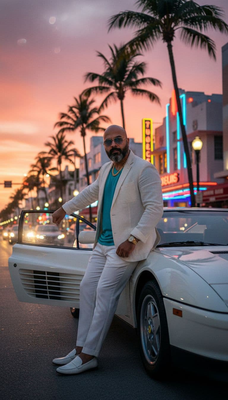 AI generated: Subject: A charismatic late-20s man. Clothing: WHITES linen blazer (sleeves rolled up), turquoise t-...