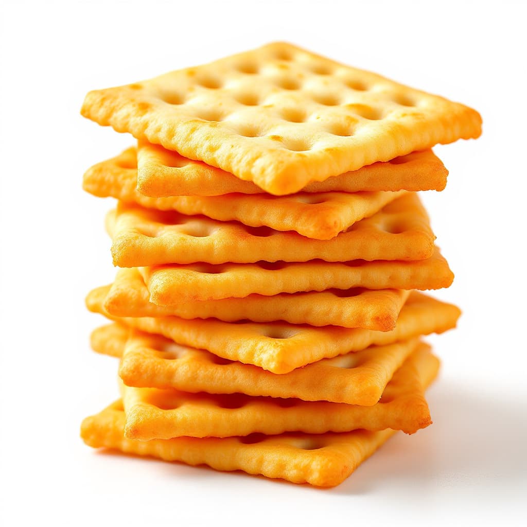 AI generated: Crisp golden crackers, stacked saltine biscuits, geometric patterns, square snacks, flaky texture, p...
