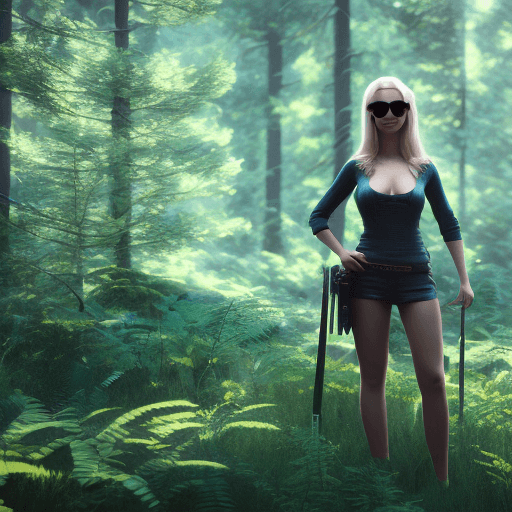 AI generated: Blonde girl with sun glasses in forest with sword . octane render, . cinematic, hyper realism, high ...