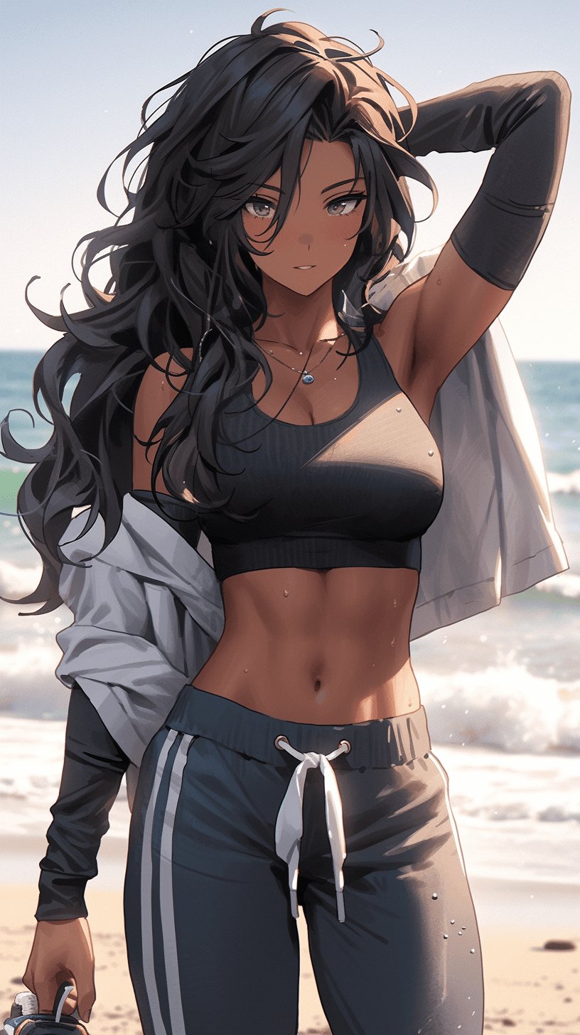 AI generated: a woman is posing on the beach, in the style of light navy and light black, smooth curves, exacting ...