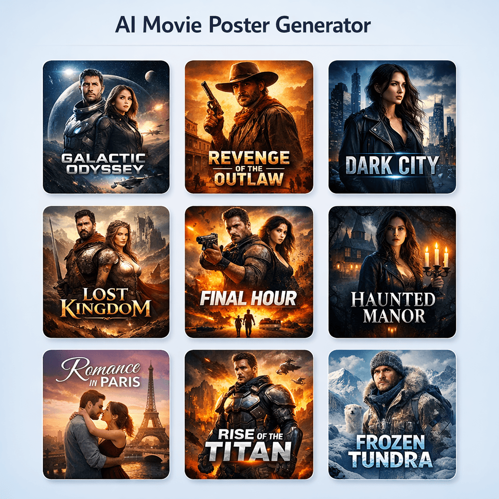AI generated: Clean SaaS-style tool thumbnail for an AI Movie Poster Generator.
Layout: a neat grid of multiple ci...