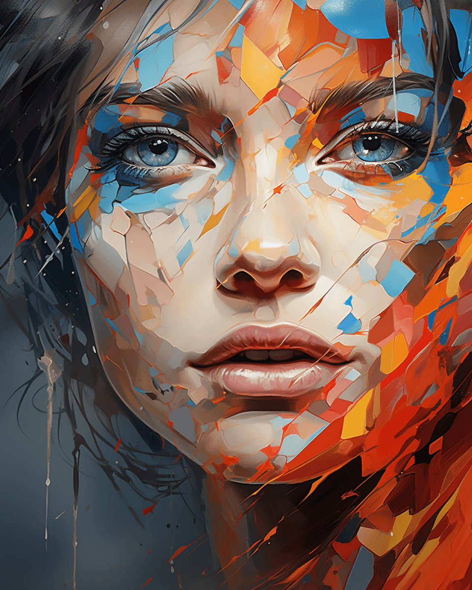 AI generated: an painting on the canvas of a woman in colorful tones, in the style of martin ansin, cracked, seren...