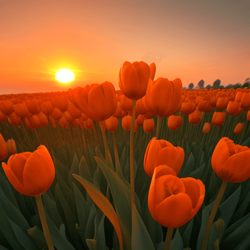 AI generated: Field of orange tulip flowers at the sunset, closeup at 5 tulips.
