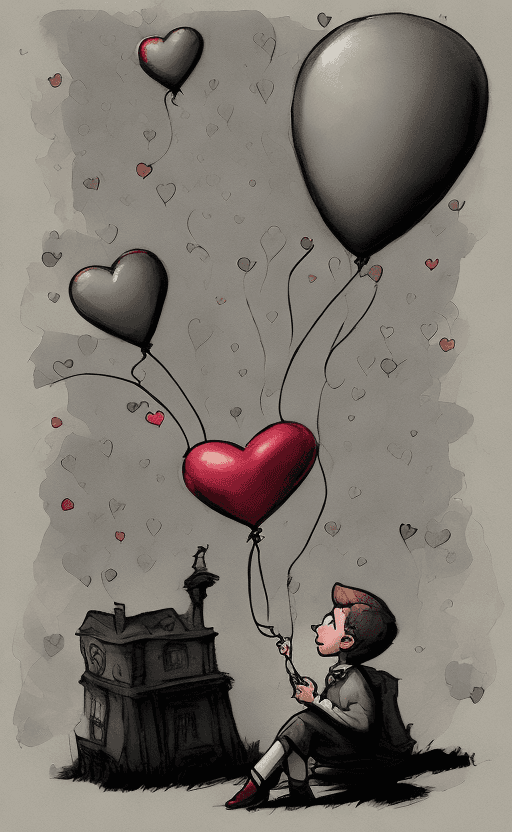 AI generated: a poster depicts a boy holding a heart shaped balloon, in the style of sketchfab, poodlepunk, warm t...