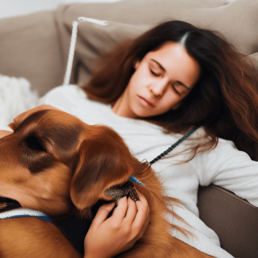 AI generated:  female 20 years old  long hair brown eyes sleeping on couch with dog on a leash
