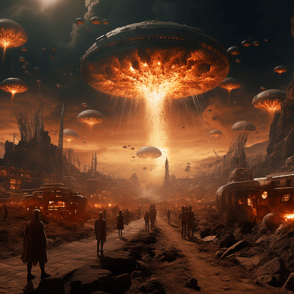 AI generated: atomic aliens conquer the earth, war, atomic