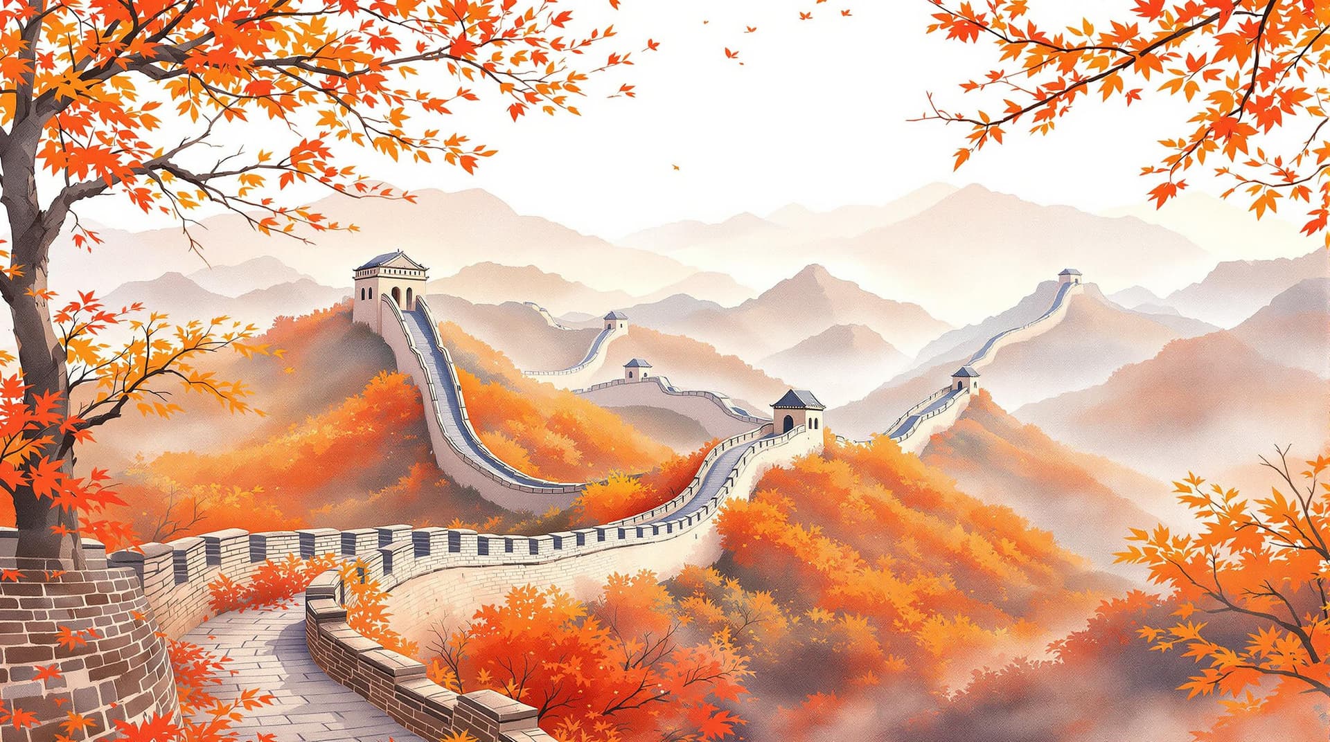 AI generated: watercolor painting of the Great Wall in autumn, in the style of a Chinese ink painting, with an ora...