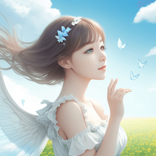 AI generated: A woman with lovely eyes is looking at the sky. Wearing a fluttering dress, looking at the sun.
Give...