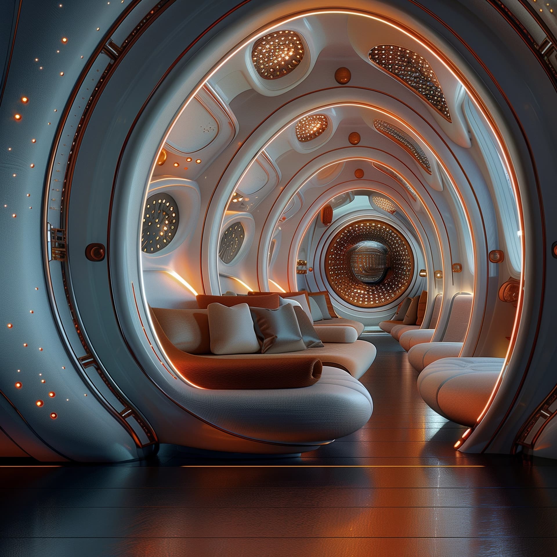 AI generated: Interior design of an intergalactic spaceship lounge area for comfort during trips through the infin...