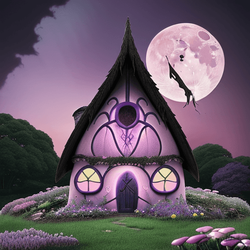 AI generated: Mushroom fairy house in a gothic styling with beautiful garden fill with pink, purple, yellow and gr...