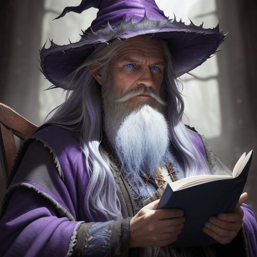AI generated: award winning waist up photo of a rugged fantasy wizard, 8K, violet wizard, complete hat, wearing to...
