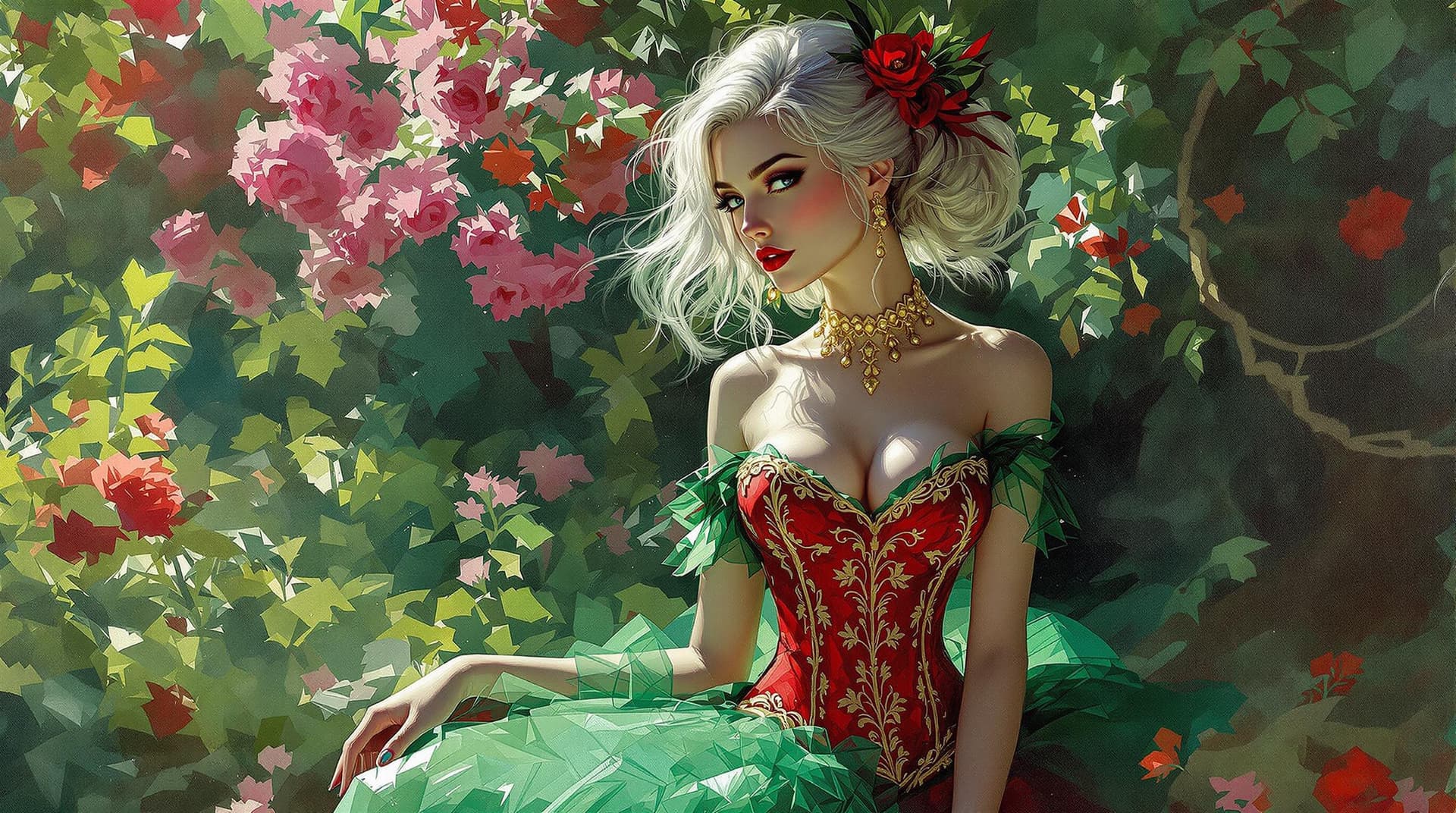 AI generated: Impressionist painting of a woman with silver ash hair, wearing a vivid emerald green dress and a cr...