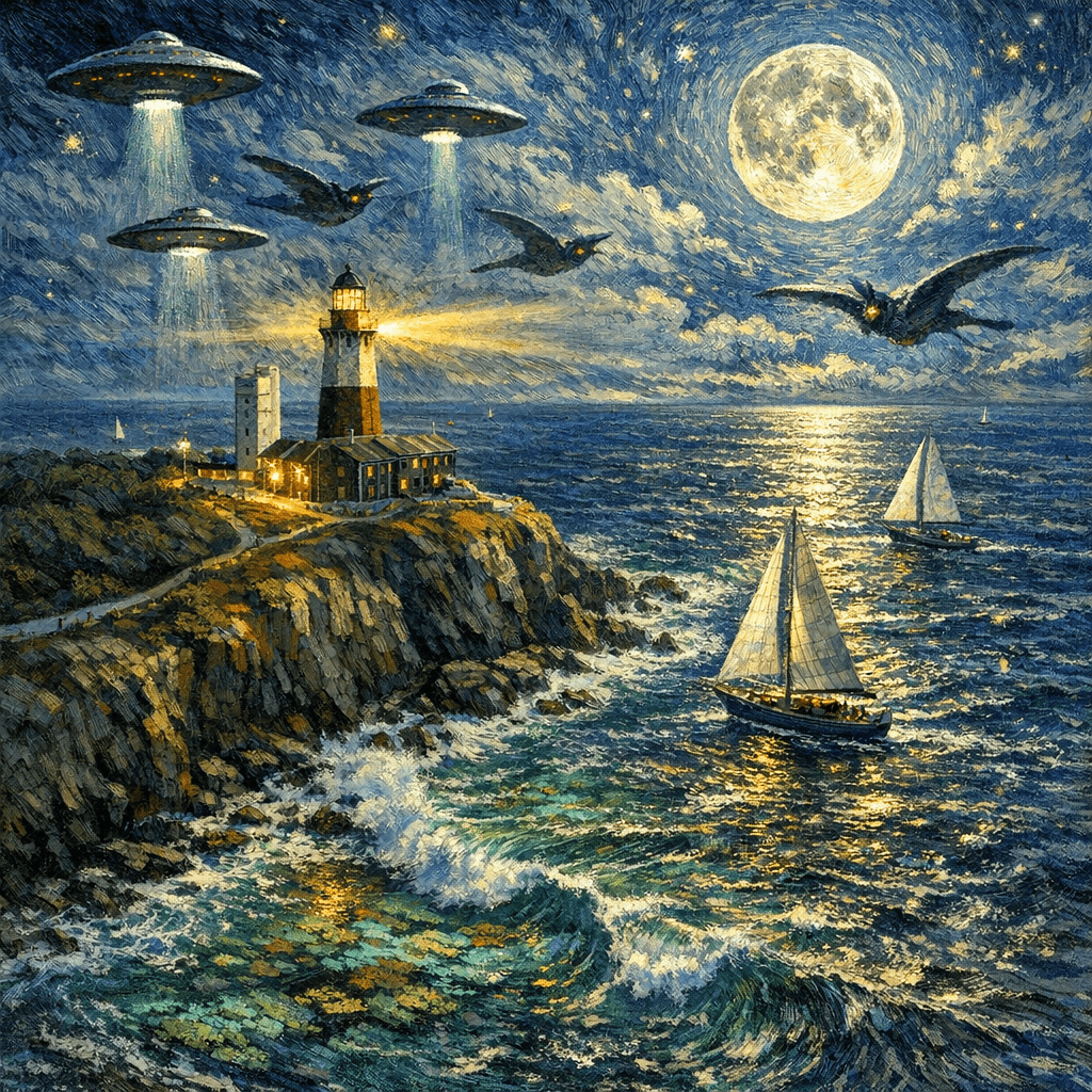 AI generated: In the style of Vincent Van Gogh, the Montauk lighthouse sitting on a cliff by the ocean in the ocea...