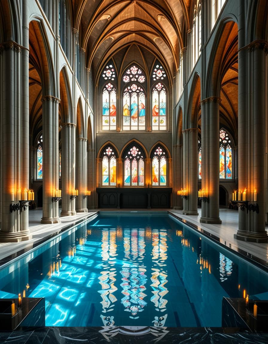 private indoor swimming pool in gothic cathedral