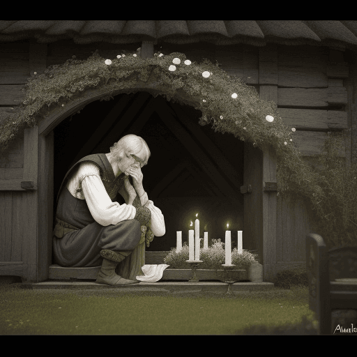 AI generated: A peasant mourning to his wife  ambience of an old-time fairy tale amibiance. fantastic appearance  ...