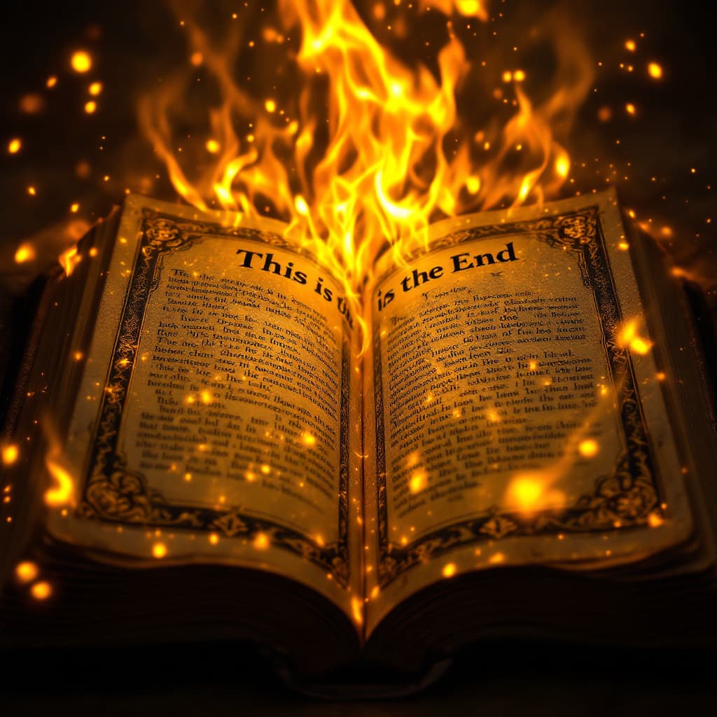 AI generated: ancient open book glowing with intense golden and fiery light, the word "This is the End" written in...