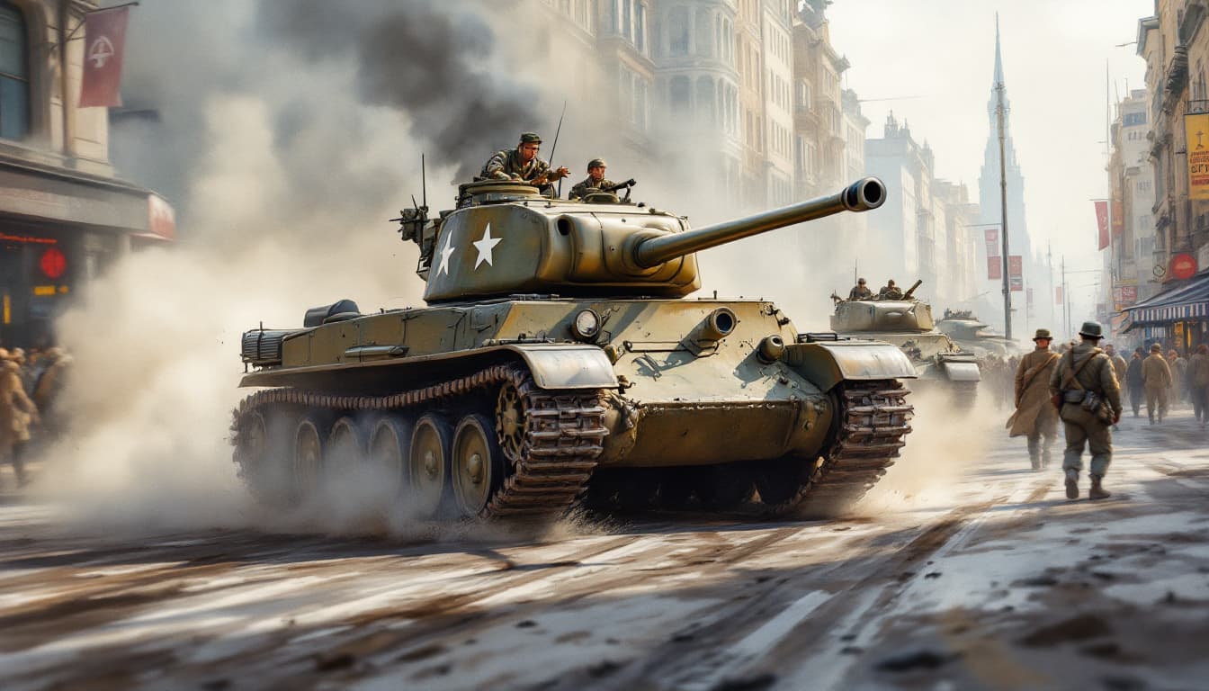 AI generated: watercolor artwork, World War 2 polish Sherman Tank driving in city, 1945, 4k, ultrarealistic