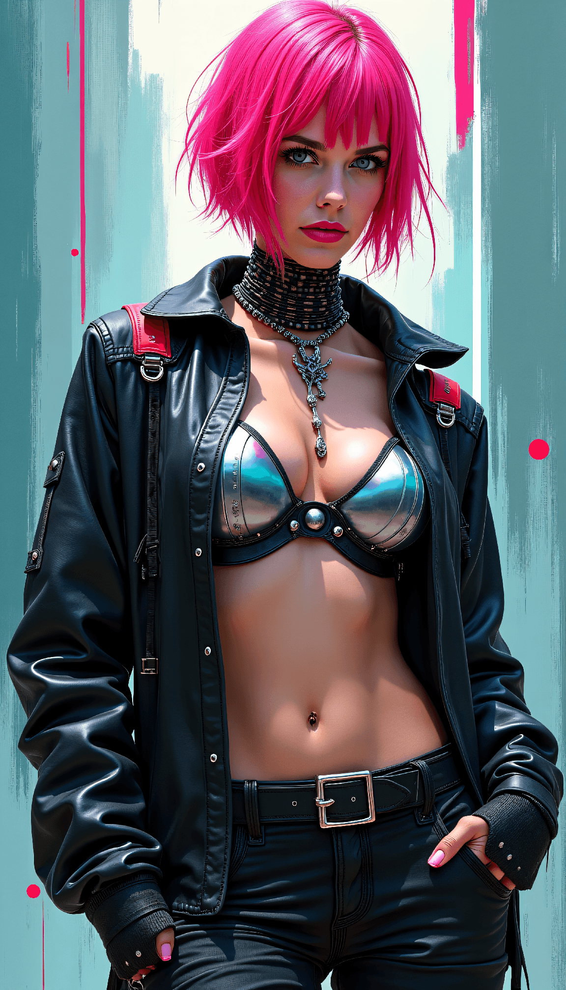 AI generated: Create an abstract painting of a cybernetic figure in a confident, statuesque pose, shown in 3/4 vie...