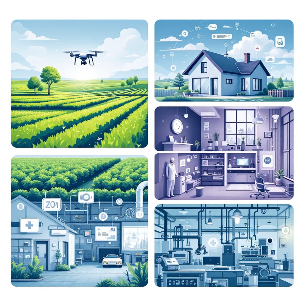 AI generated: "An illustration showcasing multiple industry-specific IoT solutions. In the first section, a drone ...