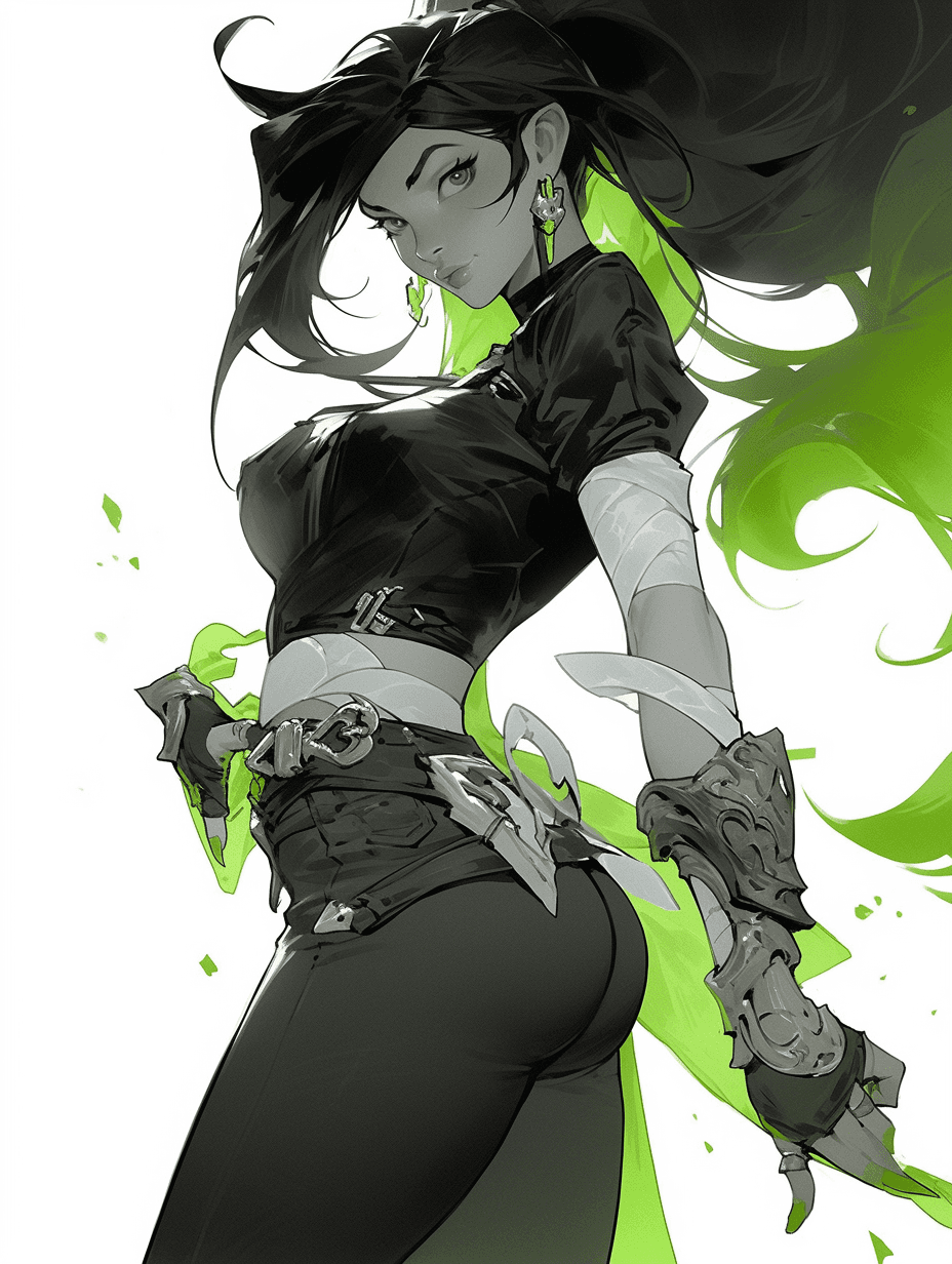 AI generated: Chinese ink art, Akali, League of Legends, black, white and green, splash ink background, hyperreali...