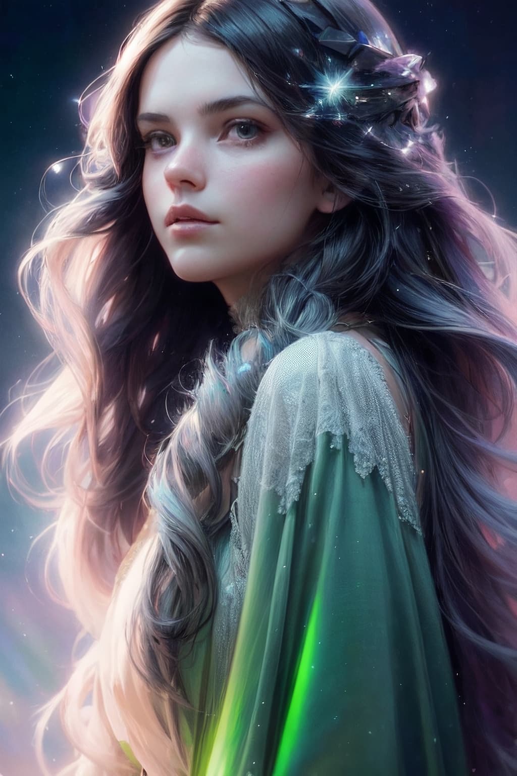 AI generated: (dark dim dramatic atmosphere)+ 8k portrait aurora, girl with super long hair, hair dissolving into ...