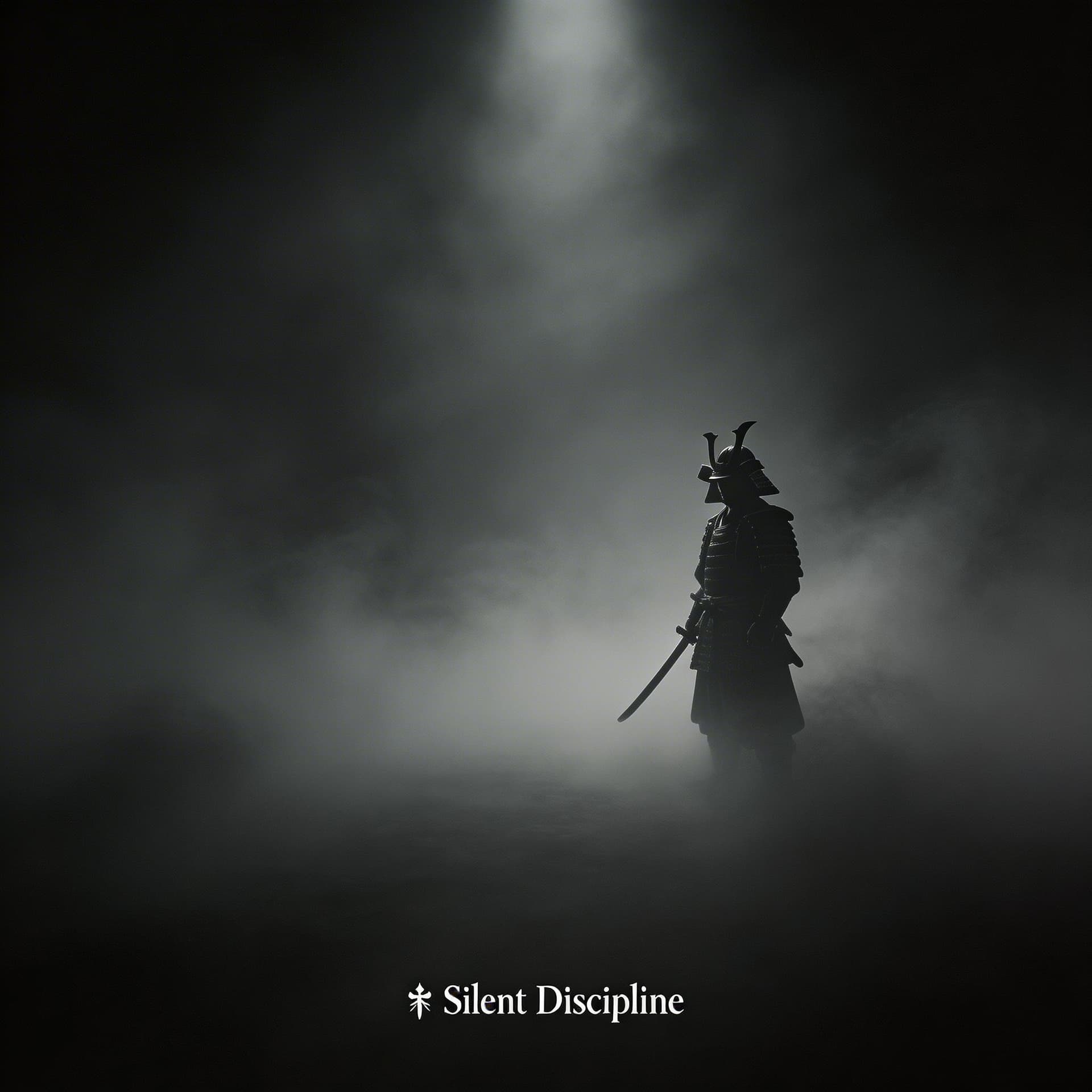 AI generated: dark cinematic fog landscape, lone samurai warrior silhouette standing in mist, dramatic lighting fr...