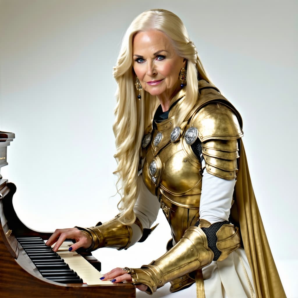 AI generated: nordic blonde Woman 348 years old, yes, she has 3 centuries, sculpture body, blue eyes, (detailed go...