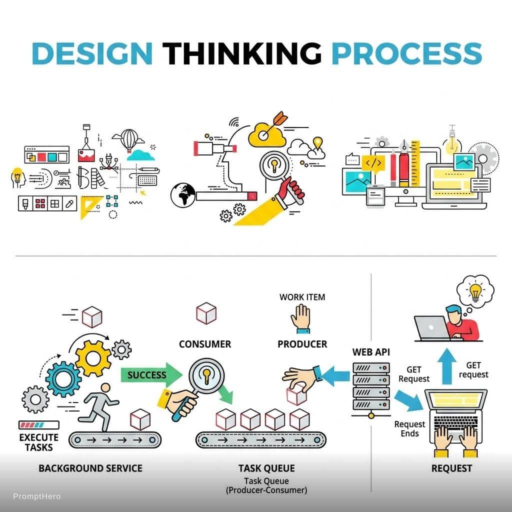AI generated: using design thinking graphics, I want to create an animated gif for a web api endpoint that receive...
