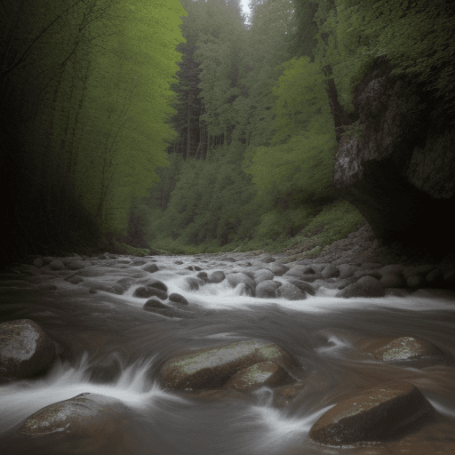 AI generated: une photto ultra reaslistic d'une rivière tumultueuse qui longe uen forêt enneigéé. Les montagnes en...