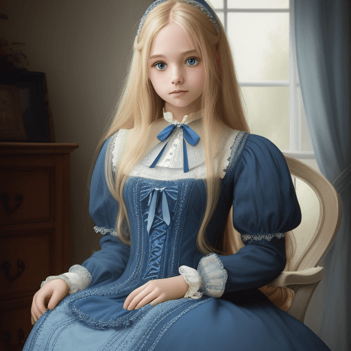 AI generated: Dreamy young girl with long blond hair wearing a blue lacey period dress