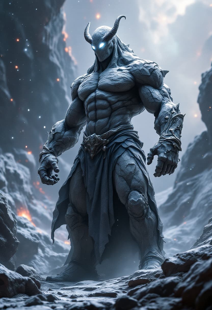 AI generated: God of Stone, full-body, No Hair or mouth, Rock Skin, Etherial, muscular, Glowing white eyes, epic, ...