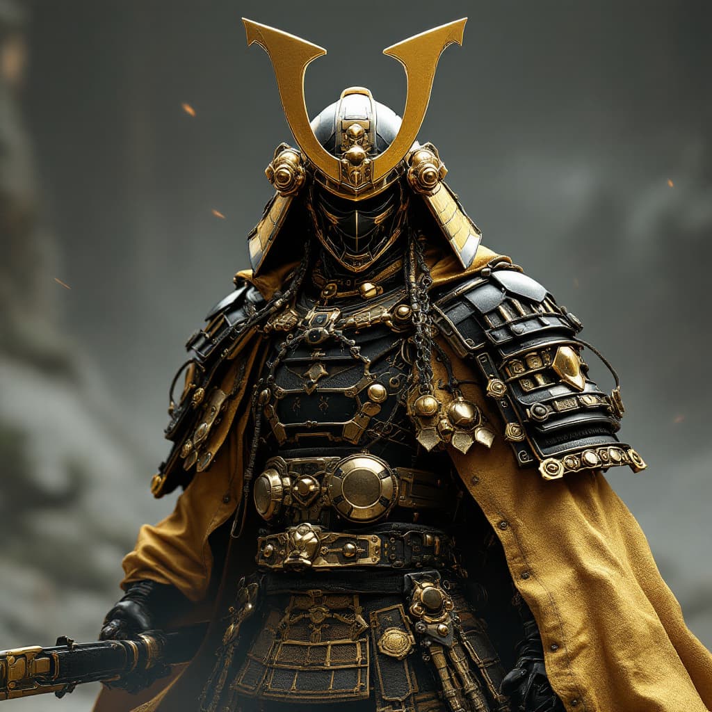 AI generated: samurai relaistic , japanese style, robotic, scifi, high detailed, gold and Clean, and straight Samu...