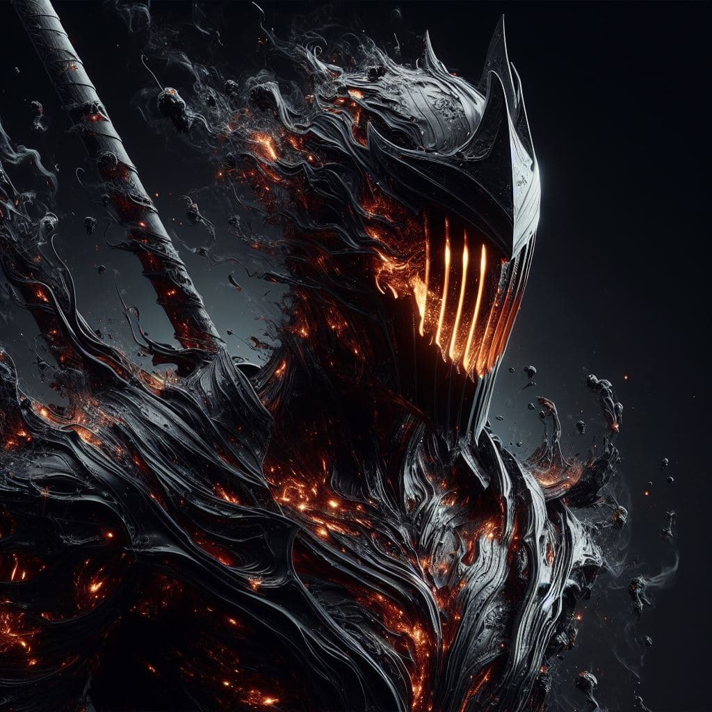 AI generated: Living darkness warrior, smoldering obsidian armor perfectly smooth reflecting the slightest ray. Be...