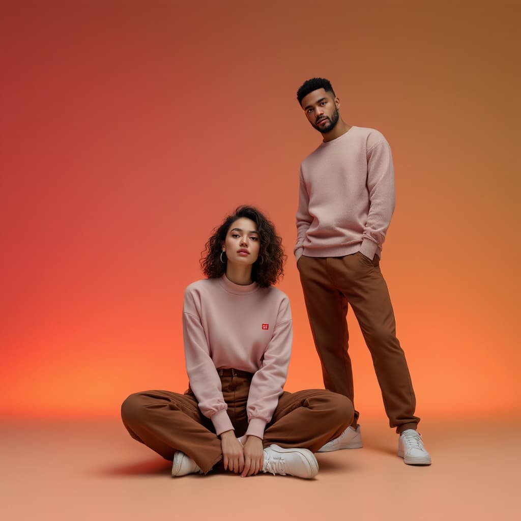 AI generated: wide and low angle, cinematic, fashion photography for the brand Uniqlo. Woman sitting on floor wear...