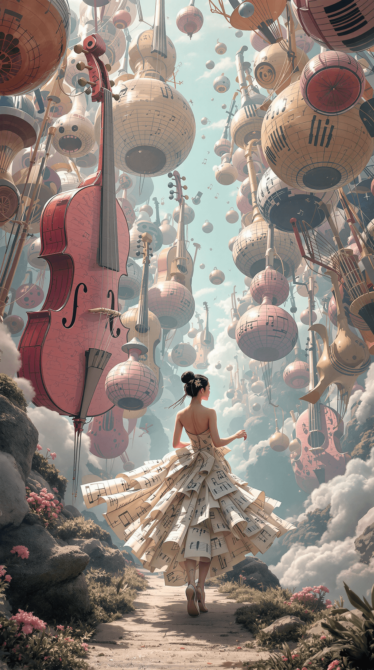 AI generated: A whimsical, full-body scene of a chineswoman walking through a landscape made of giant, floating mu...