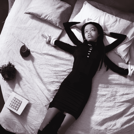 AI generated: mdjrny-v4 style, Jenna Ortega as Wednesday Addams laying in bed, overhead drone shot angle, horror f...