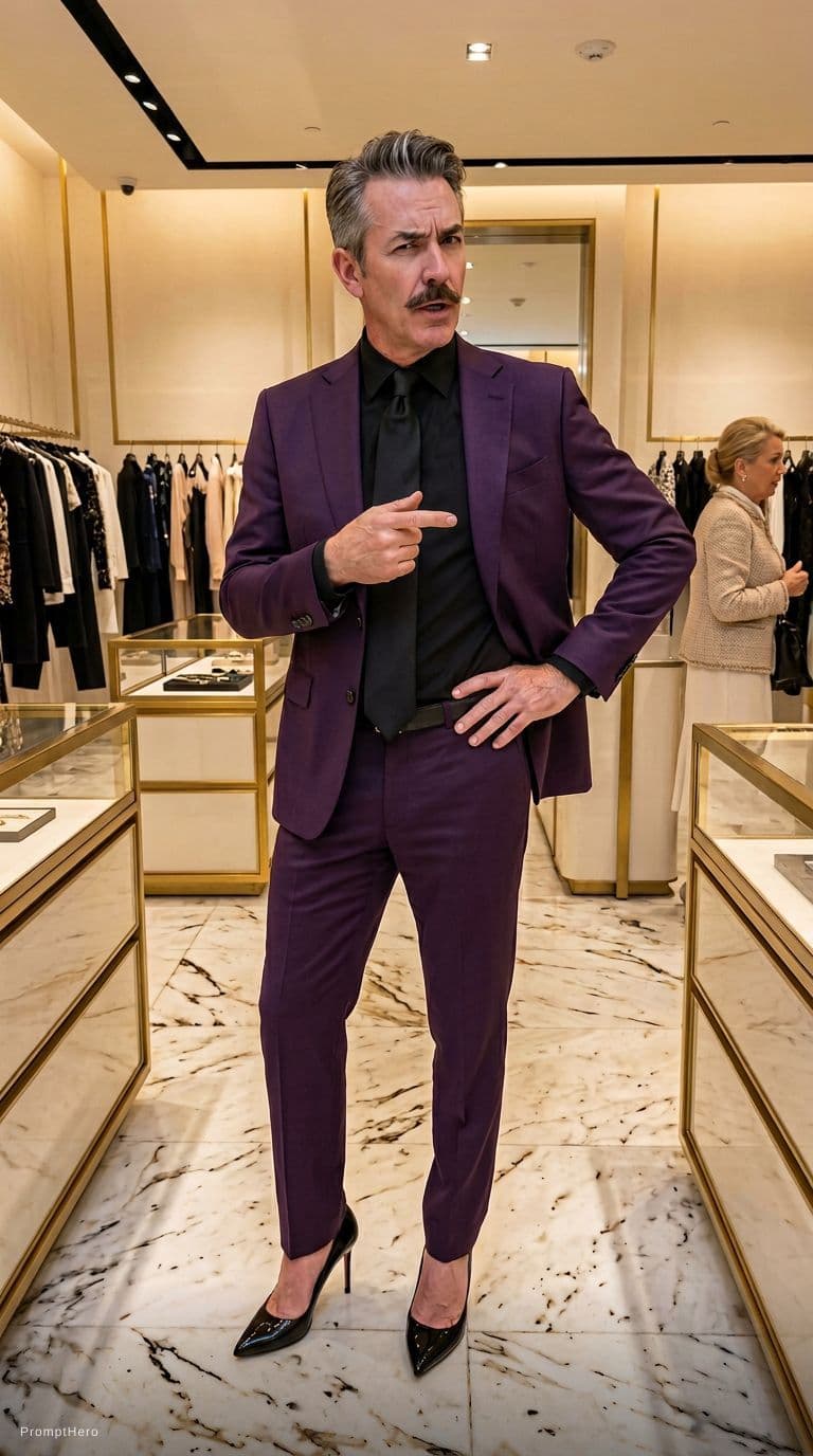 AI generated: At a very luxurious clothing store. 

The flamboyant sales man is 6 feet tall. He is 50 years old,...