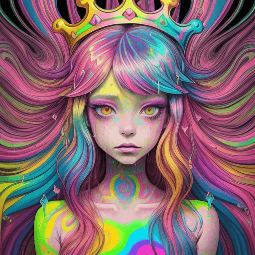 AI generated: a drawing of a girl with long hair and a crown on her head, dripping in neon paint, psychedelic aest...