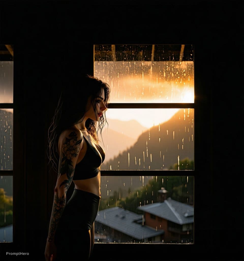 AI generated: A captivating boudoir portrait of a woman standing by a large window, dressed in an elegant black  l...