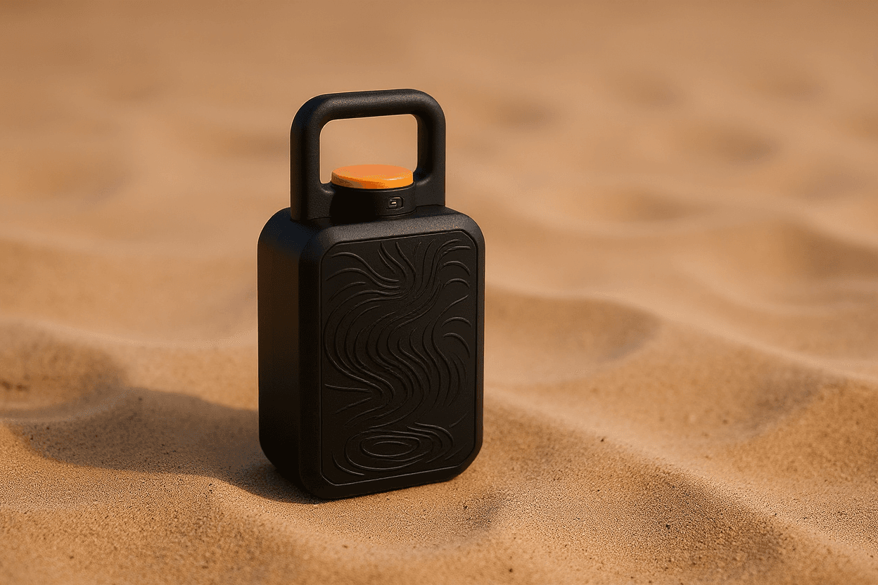 AI generated: A minimalistic, my product the black one is a black case , placed diagonally on a textured sandy sur...