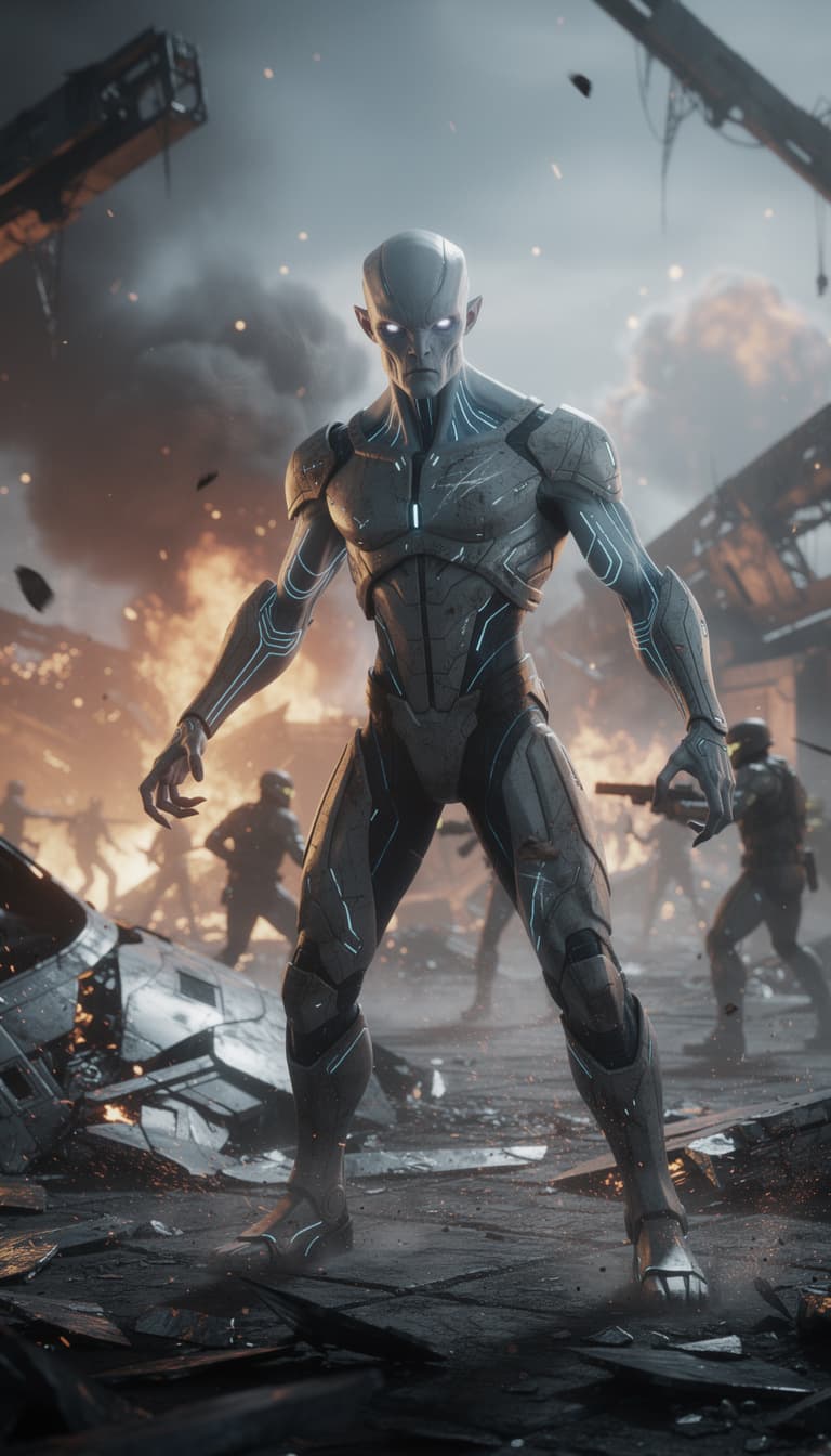 AI generated: humanoid alien, battle scene, hyper-realistic