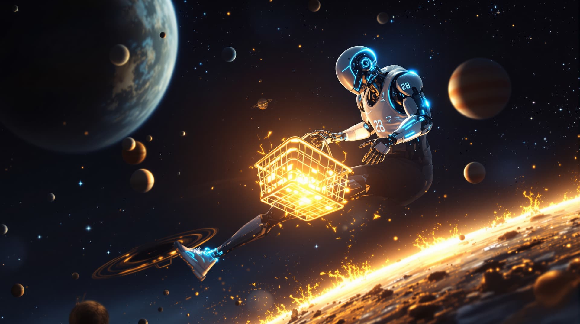AI generated:  Une scène futuriste met en scène une figurine robotique humanoïde se lançant vers un panier de bask...