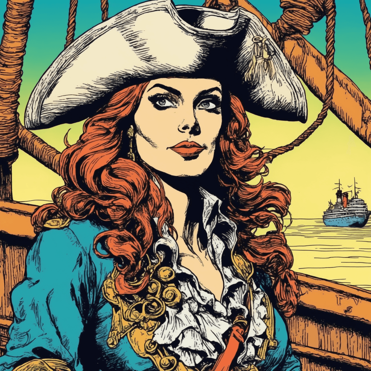 AI generated: portrait of a woman pirate on a ship, comic book style art, 1960's comic book, grainy texture, vinta...