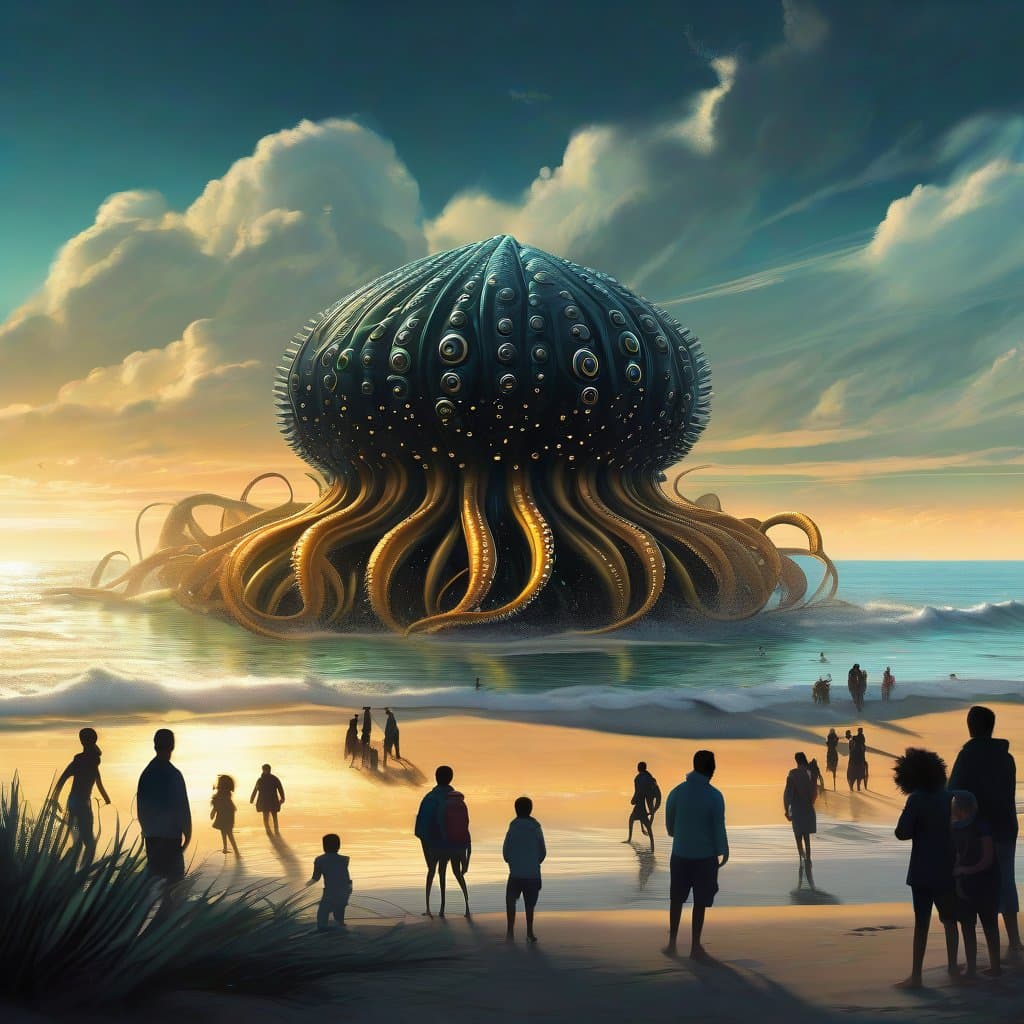 AI generated: realistic high quality photo of huge alien ferrofluid sea monster, tentacles, at the beach, people f...