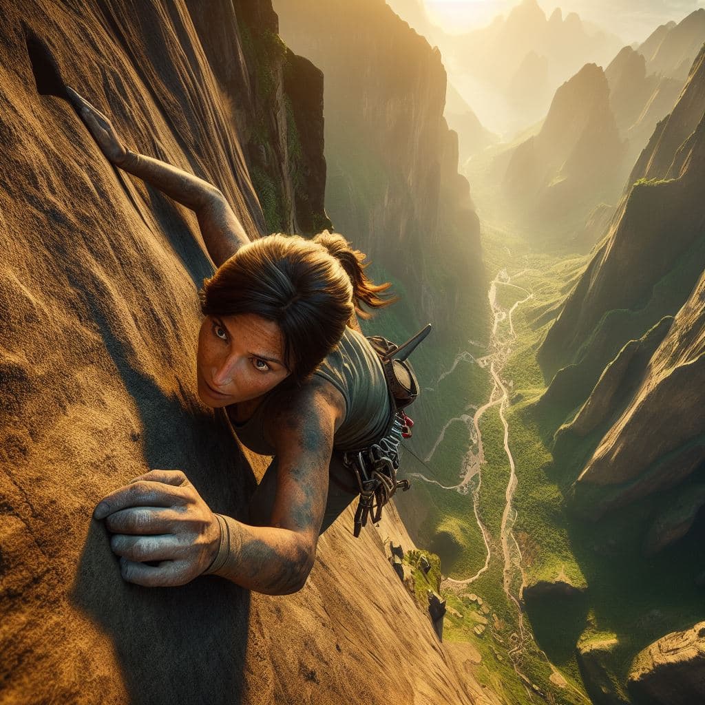 AI generated: top down photo of Lara Croft scaling a mountain rock face freeclimbing over a beautiful valley facin...