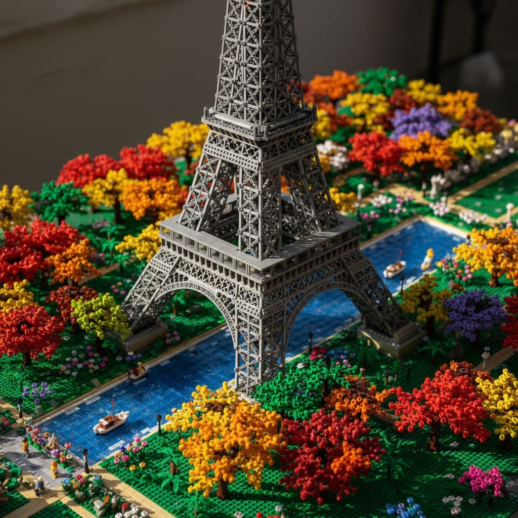 AI generated: A stunning LEGO diorama of the Eiffel Tower surrounded by colorful trees, water, and gardens, highly...