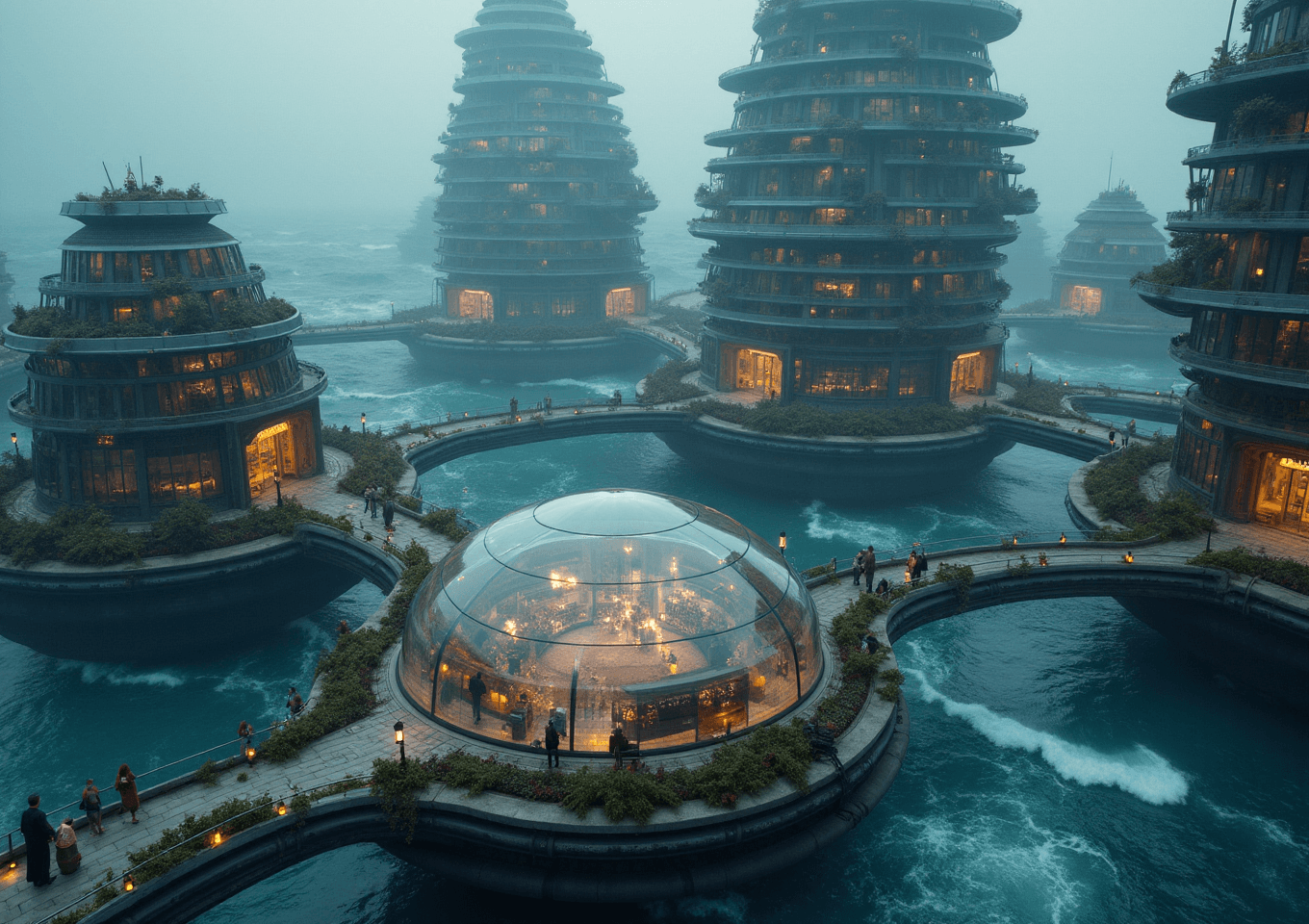 AI generated: A futuristic, floating city in the middle of a raging ocean with high waves. Several different build...