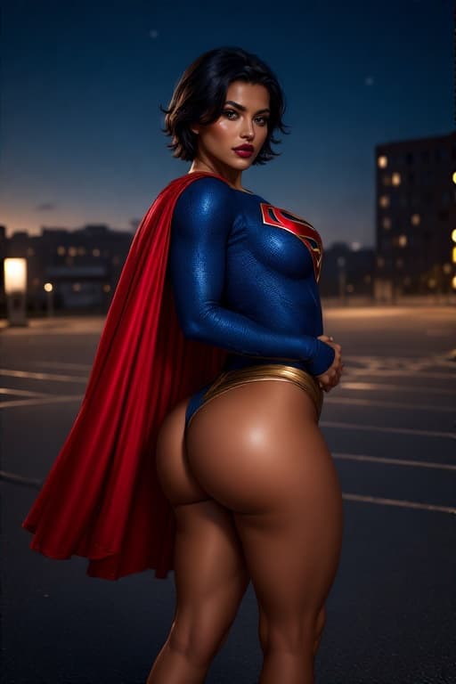AI generated: photo of supergirl in a supergirl costume with a red cape on her back, black hair, short hair, tan s...